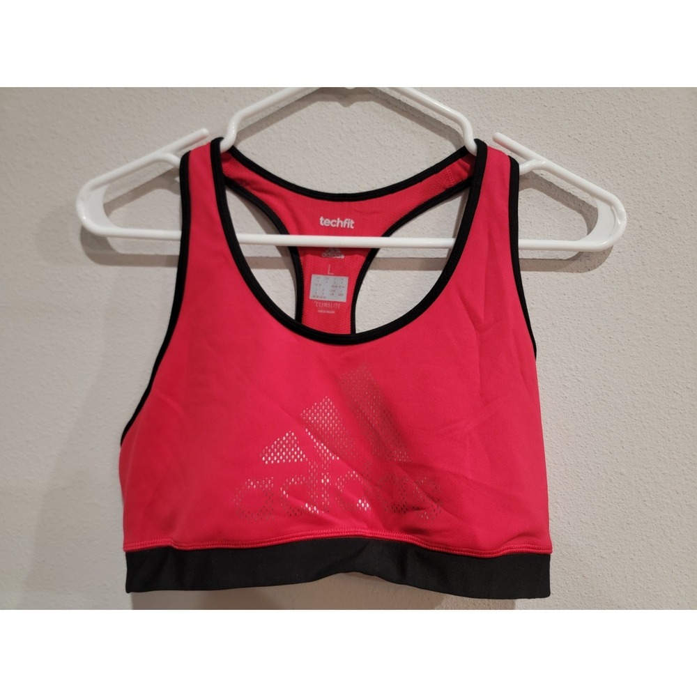 Adidas Climalite Women L Energy Pink Tech Fit W Logo Low-Impact Sports Bra EUC‎